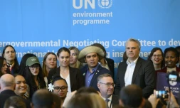 Les délégués de plusieurs pays favorables à un traité ambitieux contre la pollution plastique posent après une conférence de presse à Busan, en Corée du Sud, le 1er décembre 2024