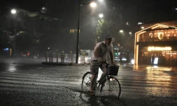 Un homme se déplace à vélo dans Tokyo, la capitale japonaise frappée par le typhon Faxai le 9 septembre 2019