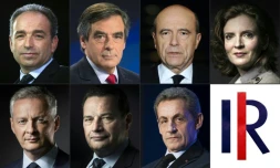 Photo-montage des portraits des sept candidats à la primaire de la droite: en haut (de G à D) Jean-François Copé, François Fillon, Alain Juppé, Nathalie Kosciusko-Morizet ; en bas de (G à D) Bruno Le Maire, Jean-Frédéric Poisson et Nicolas Sarkozy