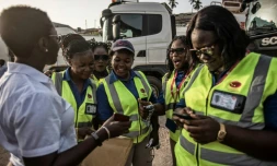 Les travailleuses de Ladybird Logistics avant leur prise de service, le 3 avril 2019 Ă Takoradi, dans l'ouest du Ghana