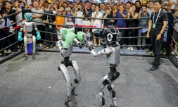 Des visiteurs regardent un combat de boxe entre robots lors de la World AI Conference (WAIC), le 26 juillet 2025 à Shanghai   