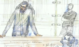 Croquis d'audience réalisé le 20 janvier 2020 de l'ex-recruteur jihadiste présumé Mourad Farès lors de son procès à Paris.