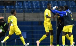 L'attaquant malien de Nantes Kalifa Coulibaly (c) buteur lors de la victoire 3-0 Ă Montpellier en ouverture des 16e de finale de la Coupe de la Ligue le 30 octobre 2018