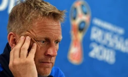Le sélectionneur islandais Heimir Hallgrimsson en conférence de presse au Mondial, le 25 juin 2018, à la Rostov Arena
