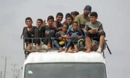 Des Palestiniens fuyant Rafah bombardée par Israël, dans le sud de la bande de Gaza, arrivent à Khan YounÚs le 28 mai 2024