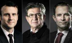 Combinaison réalisée le 16 février 2017 des portraits d'Emmanuel Macron, Jean-Luc Melenchon et de Benoit Hamon