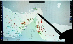 La pointe du détroit d'Ormuz sur une page du site Marinetraffic, qui permet de suivre en direct le trafic maritime, le 4 mars 2026 à Paris