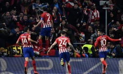 Le défenseur uruguayen de l'Atlético Diego Godin (2e en partant de la g.) vient de marquer le but du 2-0 contre la Juventus en 8e de finale aller de la Ligue des champions, le 20 février 2019 à Madrid  