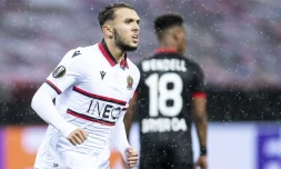 L'attaquant de Nice Amine Gouiri aprĂšs un but lors d'un match de Ligue Europa Ă Leverkusen, le 22 octobre 2020