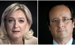 Montage fait le 12 avril 2012 de portraits de la présidente du Front National 
Marine Le Pen et du président François Hollande 