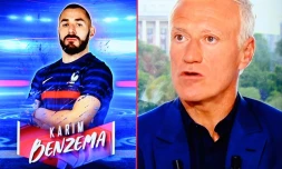 L'effigie de Karim Benzema apparaît à l'écran lors de la sélection des Bleus annoncée par Didier Deschamps sur la chaîne TF1 à Boulogne Billancourt, le 18 mai 2021