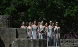 Répétition sur le site d'Olympie avant l'allumage de la flamme olympique, le 15 avril 2024