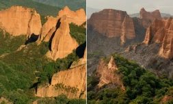 Cette combinaison d'images crĂ©ee le 11 aoĂ»t 2025 montre le site de Las MĂ©dulas, anciennes mines romaines classĂ©e par l'Unesco, dans la municipalitĂ© de Carucedo, le 4 septembre 2024 (Ă gauche) et le mĂȘme endroit photographiĂ© le 11 aoĂ»t 2025 (Ă droite) aprĂšs qu'un incendie ait ravagĂ© la rĂ©gion.