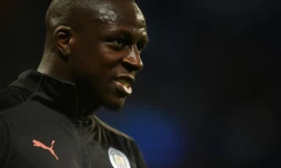 Le défenseur français de Manchester City, Benjamin Mendy, à l'échauffement avant le match de poule de Ligue des Champions à domicile contre l'Atalanta, le 22 octobre 2019 à l'Etihad Stadium