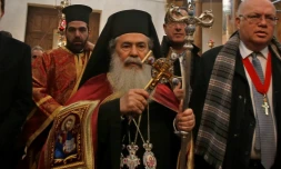 Le Patriarche grec-orthodoxe Théophile III de Jérusalem arrive à Bethléem pour célébrer le Noël orthodoxe, le 6 janvier 2019