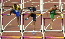 Le Français Garfield Darien (c) en finale du 110 m haies aux Mondiaux, le 7 août 2017 à Londres 