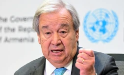 Le chef de l'ONU António Guterres lors d'une conférence de presse à Erevan, avant l'ouverture de la COP17 sur la biodiversité en Arménie le 15 ocobre 2026