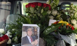 Un portrait de l'ex-juge Lambert, à son enterrement, le 20 juillet 2017, dans la cathédrale du Mans (Sarthe)