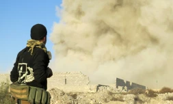 Un membre des forces progouvernementales irakiennes regarde la fumée s'élever de Ramadi, à 110 km à l'ouest de Bagdad, le 27 décembre 2015