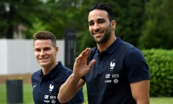 L'attaquant Kevin Gameiro (à gauche) et le défenseur Adil Rami, le 24 mai 2016 à Clairefontaine