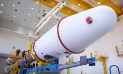Une fusĂ©e Soyouz 2.1b transportant l'atterrisseur Luna-25 au cosmodrome de Vostochny au nord de Blagoveschensk dans la rĂ©gion de l'Amour en ExtrĂȘme-Orient russe