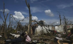 Une femme prépare un repas au milieu des décombres à Port-Salut, au sud-ouest de Port-au-Prince, le 9 octobre 2016 