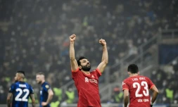 La joie de l'attaquant égyptien de Liverpool Mohamed Salah, aprÚs avoir marqué le 2e but contre l'Inter Milan, lors du 8e de finale aller de la Ligue des Champions, le 16 février 2022 au Stade San Siro