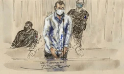 Croquis d'audience montrant le principal accusé au procÚs du 13-Novembre Salah Abdeslam dans le prétoire de la cour d'assises spéciale de Paris, le 9 février 2022