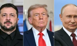 Ce combo montre de gauche à droite le président ukrainien Volodymyr Zelensky et le président américain Donald Trump à Washington, le 18 août 2025, et le président russe Vladimir Poutine à Anchorage, en Alaska, le 15 août 2025