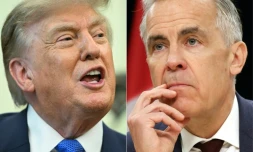 Cette combinaison de photos créée le 24 août 2026 montre, à gauche, le président américain Donald Trump à Washington, le 10 août 2026, et à droite le Premier ministre canadien Mark Carney le 25 juin 2026 à Ottawa
