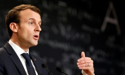 Emmanuel Macron prononce un discours lors d'un colloque sur l'intelligence artificielle au CollĂšge de France Ă  Paris le 29 mars 2018