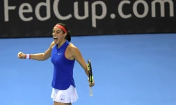 La Française Caroline Garcia exulte après sa victoire face à la Tchèque Petra Kvitova en finale de Fed Cup, le 12 novembre 2016 à Strasbourg