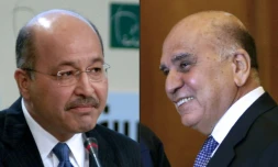 (COMBO) Les deux candidats kurdes au poste de président de la République en Irak. A gauche, le candidat de l'Union patriotique du Kurdistan (UPK), Barham Saleh (photo prise le 13 décembre 2008) et à droite le candidat du Parti démocratique du Kurdistan (PDK), Fouad Hussein (photo prise le 11 avril 2016). Composition réalisée le 1er octobre.