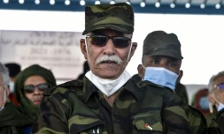 Brahim Ghali, chef des indépendantistes sahraouis du front polisario et président de la République arabe sahraouie démocratique (RASD), le 27 février 2021 lors du 45Úme anniversaire de la création de la RASD, dans un camp de réfugiés prÚs de Tindouf, en Algérie