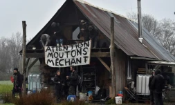 Des manifestants ont déployé une banderole avant leur explusion de la ZAD de Notre dame des Landes le 9 avril 2018.