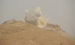 De la fumée s'élève au-dessus de la citadelle de Palmyre, en Syrie, le 25 mars 2016