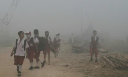 Des enfants indonésiens marchent vers leur école dans l'air pollué par de gigantesques incendies de forêt à Palembang, dans l'île de Sumatra, le 14 octobre 2019