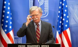 Photo de John Bolton, conseiller à la sécurité nationale du président américain, lors d'une conférence de presse le 22 août 2018 à Jérusalem