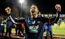 Les joueurs de Bergerac, vainqueurs de Saint-Etienne à Périgueux, fêtent leur qualification pour les quarts de la Coupe de France, le 30 janvier 2022 