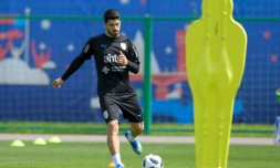 L'avant-centre de l'Uruguay Luis Suarez s'entraîne avec sa sélection à Nijni Novgorod, le 17 juin 2018 en vue du match contre l'Arabie saoudite