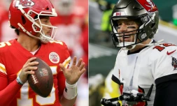 Les quarterbacks des Kansas City Chiefs Patrick Mahomes et des Tampa Bay Buccaneers Tom Brady, respectivement le 27 décembre 2020 et le 24 janvier 2021 lors des matches de leur équipe