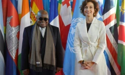La directrice générale de l'Unesco Audrey Azoulay et le président du Ghana Nana Akufo-Addo le 12 novembre 2021 au siège de l'Unesco à Paris
