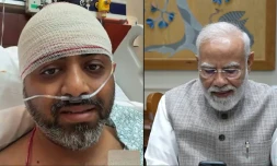 Capture d'Ă©cran, tirĂ©e d'une vidĂ©o publiĂ©e le 2 octobre 2026 sur la chaĂźne YouTube de Narendra Modi, montrant le Premier ministre indien Narendra Modi (Ă droite) en train de s'entretenir par appel vidĂ©o avec Smit Machchhar, pilote de la compagnie flydubai en convalescence dans un hĂŽpital aux Ămirats arabes unis