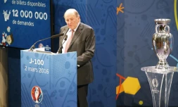 Jacques Lambert tient une conférence de presse à 100 jours du coup d'envoi de l'Euro-2016, le 2 mars à Paris