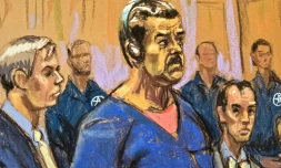 Ce croquis d'audience représente le président vénézuélien déchu, Nicolas Maduro (au centre), assistant à sa mise en accusation au tribunal fédéral Daniel Patrick Moynihan, le 5 janvier 2026, à New York