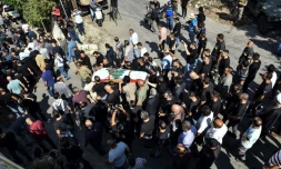 Funérailles, le 14 octobre 2023 dans le village libanais de El-Khiâm, du journaliste de Reuters Issam Abdallah tué le 13 octobre 2023 dans le sud du Liban par une frappe 