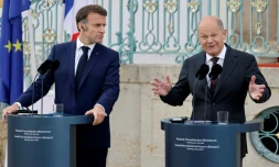 Le chancelier allemand Olaf Scholz et le président français Emmanuel Macron au palais Schloss Meseberg, dans l'est de l'Allemagne, le 28 mai 2024