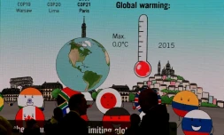 Des visiteurs passent devant un écran géant durant la Cop 23 à Bonn (Allemagne) le 8 novembre 2017