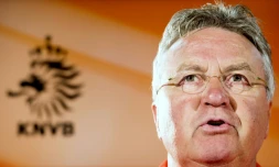 Guus Hiddink,, alors entraîneur des Pays-Bas, en conférence de presse, le 4 juin 2015 à Hoenderloo (Pays-Bas)