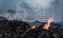 Des braises subsistent parmi les débris après que la plupart des bâtiments ont été réduits en cendres à la suite d'un feu de forêt au temple Gounsa à Uiseong, en Corée du Sud, le 26 mars 2025
